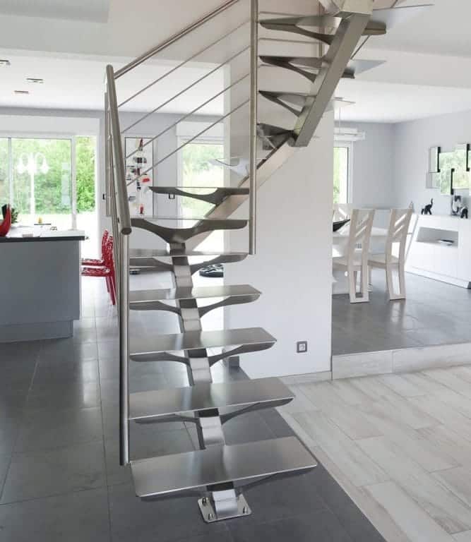 Escalier double quart tournant limon inox brossé